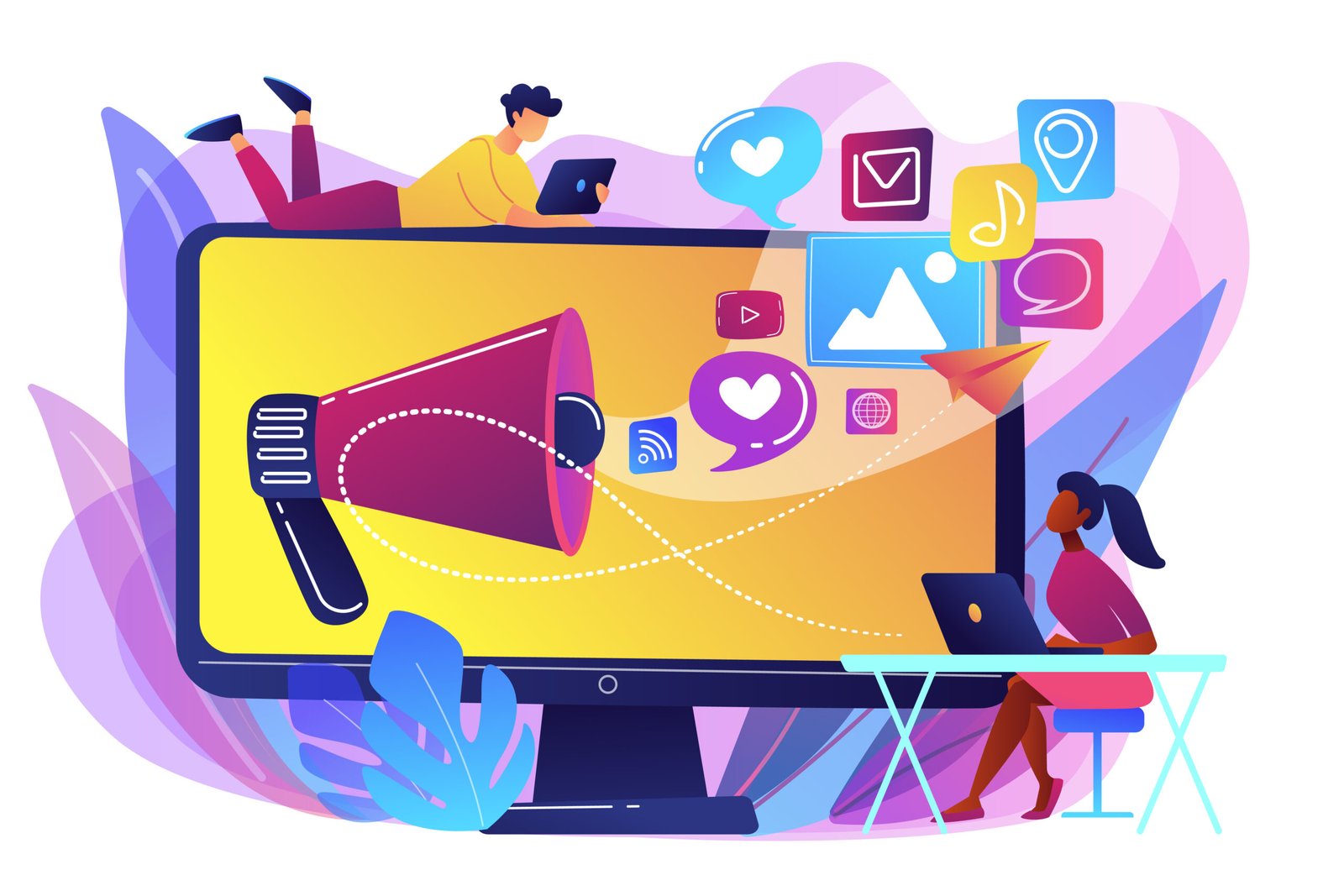 Social media marketing concept with icons, engagement, and analytics