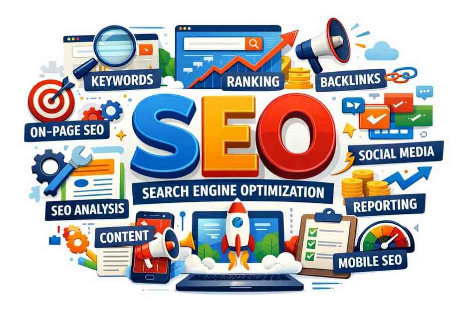 SEO optimization process with keywords, analytics, and website ranking